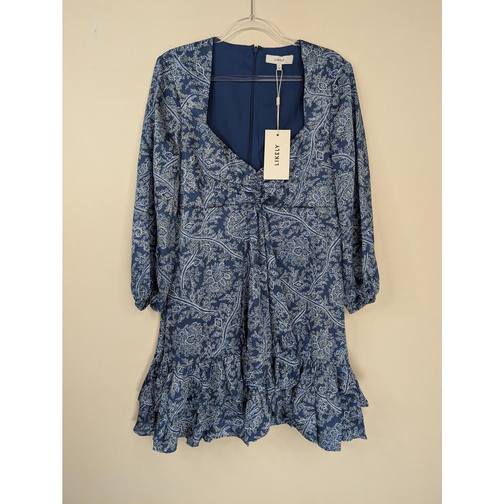 LIKELY Shawn Dress Womens 8 Blue Paisley Ruffle Hem Floral Mini Long Sleeve